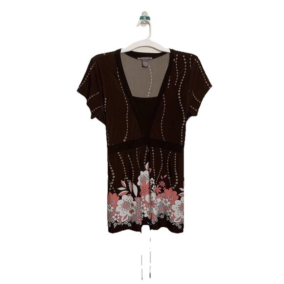 Suzie Couture Y2k Top L Floral Boho Tie Back Retro Coquette Tunic Brown Pink - Picture 1 of 6